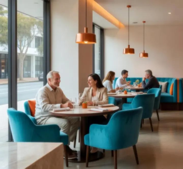 Elegant dining room at Aussie Yum with soft beige and turquoise interiors