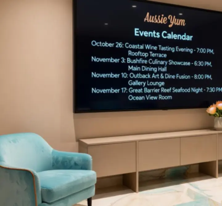 Digital event calendar display showing upcoming evenings at Aussie Yum