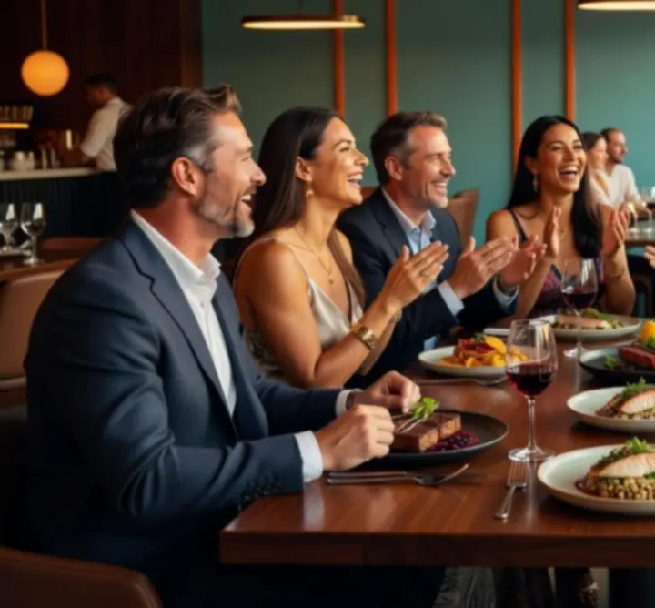 Guests enjoying elegant dining and social conversations at Aussie Yum