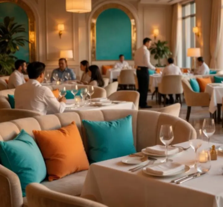 Elegant beige and turquoise restaurant dining room at Aussie Yum