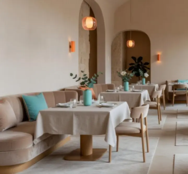 Sophisticated Aussie Yum interior in beige, turquoise, and soft orange tones