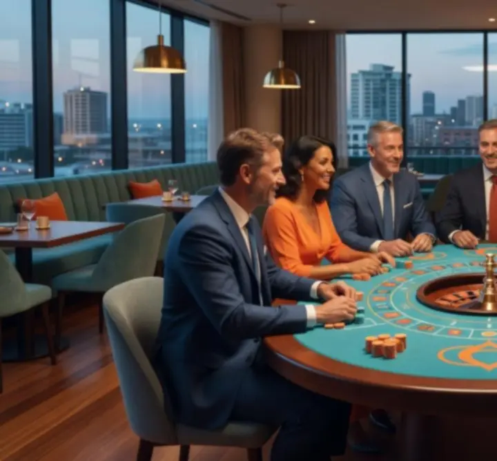 Roulette-inspired gathering in a softly lit lounge at Aussie Yum