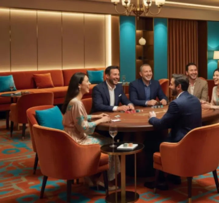 Guests enjoying social game tables in a relaxed lounge setting