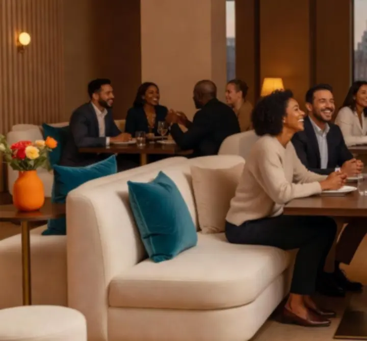 Guests chatting and connecting in a social lounge setting at Aussie Yum